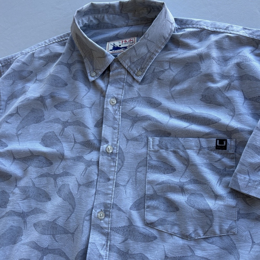 Huk Fishing Shirt 2XL All Over Fish Print Button‎ Up Performance